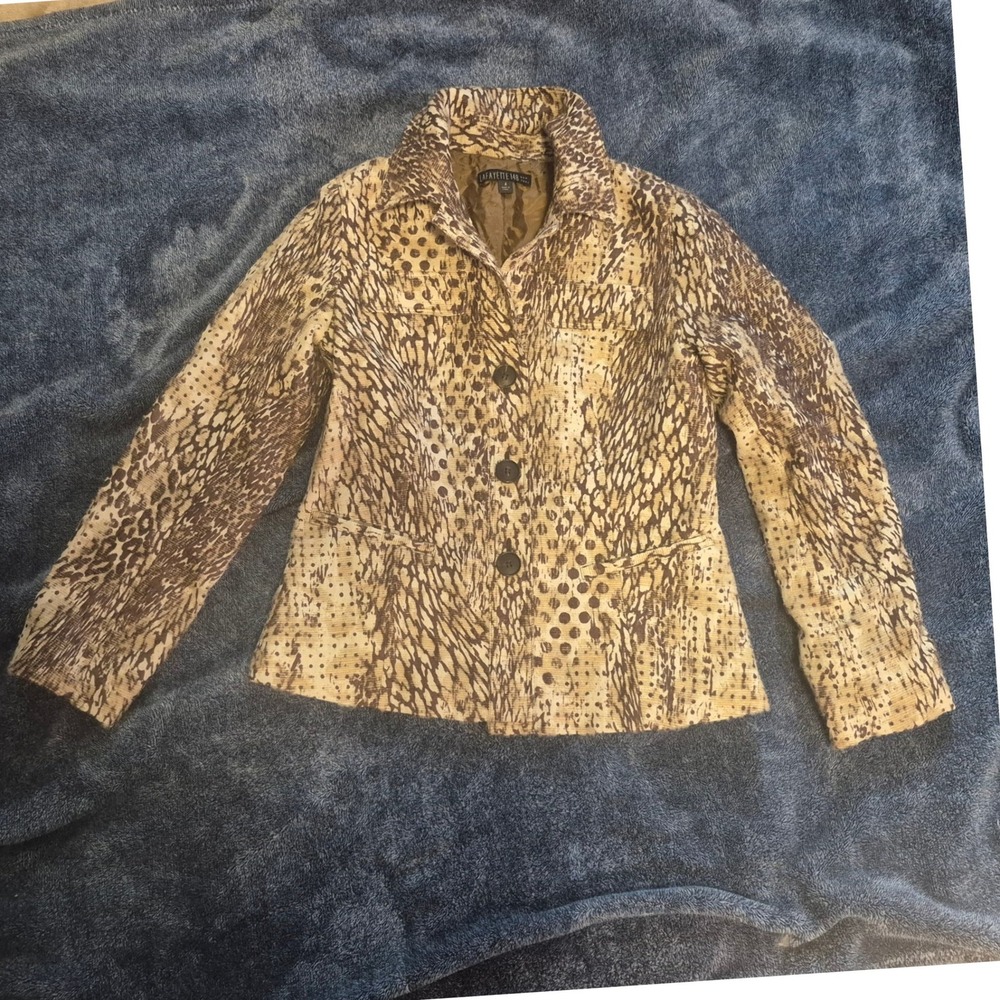 Lafayette 148 New York Wool Silk Animal Print Blazer Jacket Brown Tan Size 4